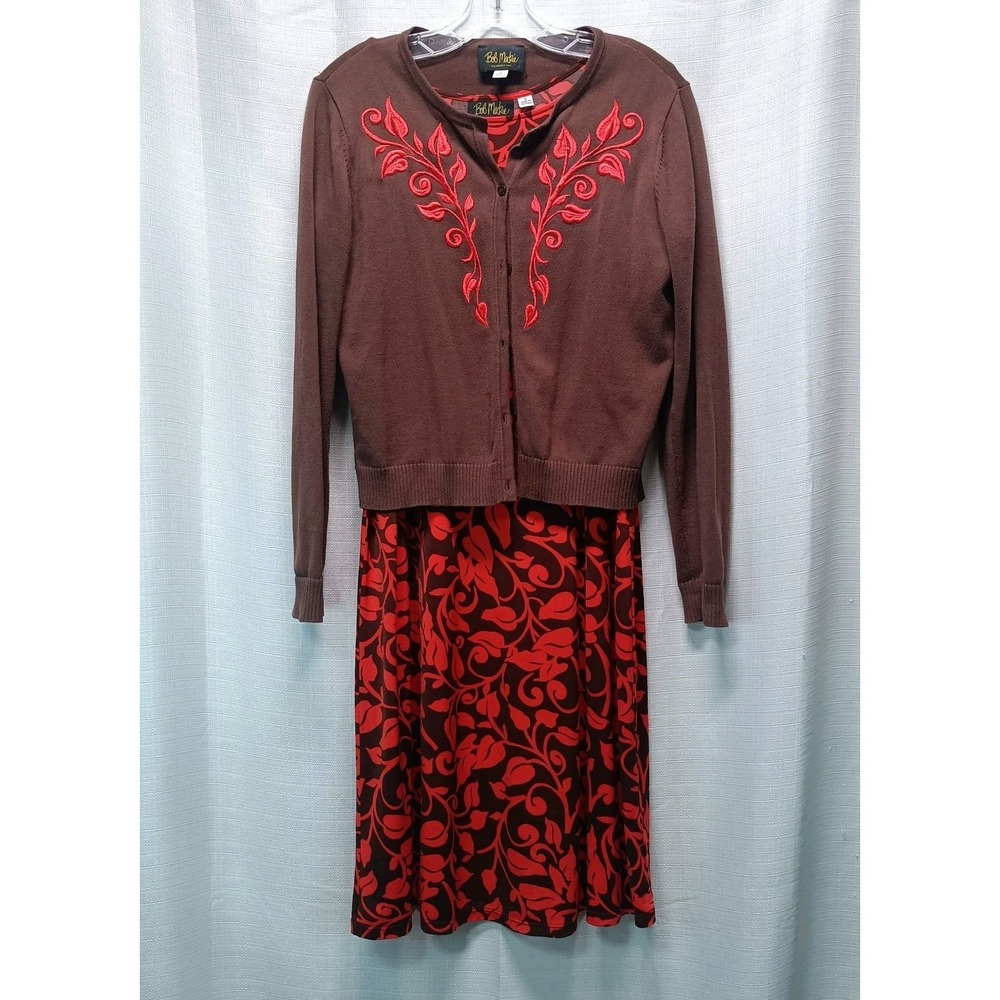 Bob Mackie Brown Orange Floral 2pc Dress Cardigan Set Women's S No Belt